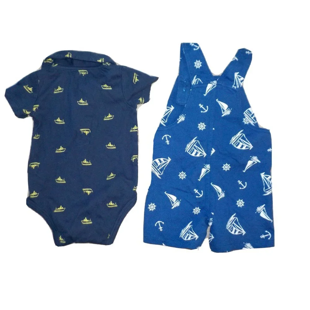 Lot of 2 Carter's Blue Nautical Bib Overalls & 1 Pc Sailing Boat Outfit 18 Mo